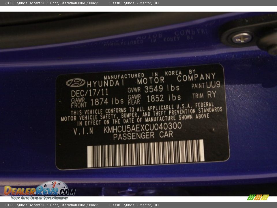 2012 Hyundai Accent SE 5 Door Marathon Blue / Black Photo #16