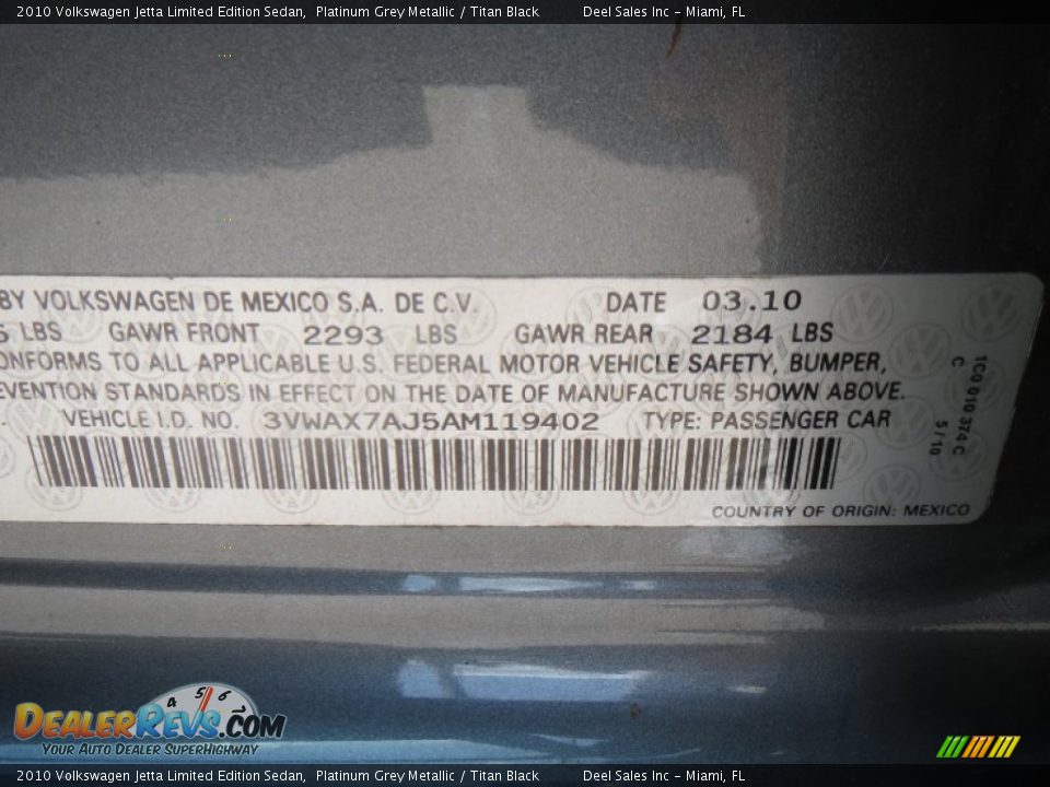 2010 Volkswagen Jetta Limited Edition Sedan Platinum Grey Metallic / Titan Black Photo #14