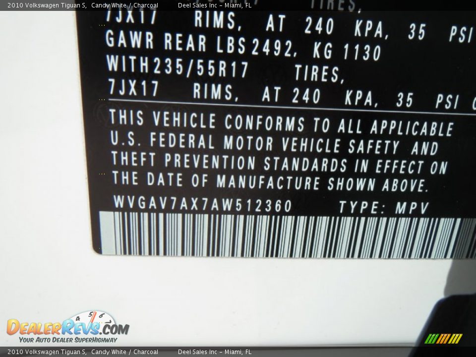 2010 Volkswagen Tiguan S Candy White / Charcoal Photo #14
