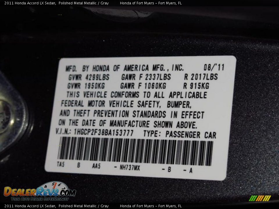2011 Honda Accord LX Sedan Polished Metal Metallic / Gray Photo #27