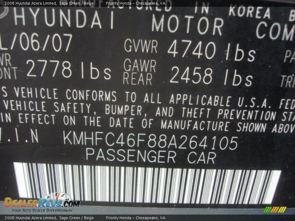 2008 Hyundai Azera Limited Sage Green / Beige Photo #27