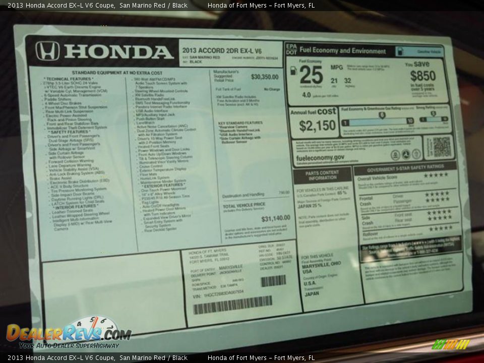 2013 Honda Accord EX-L V6 Coupe San Marino Red / Black Photo #8