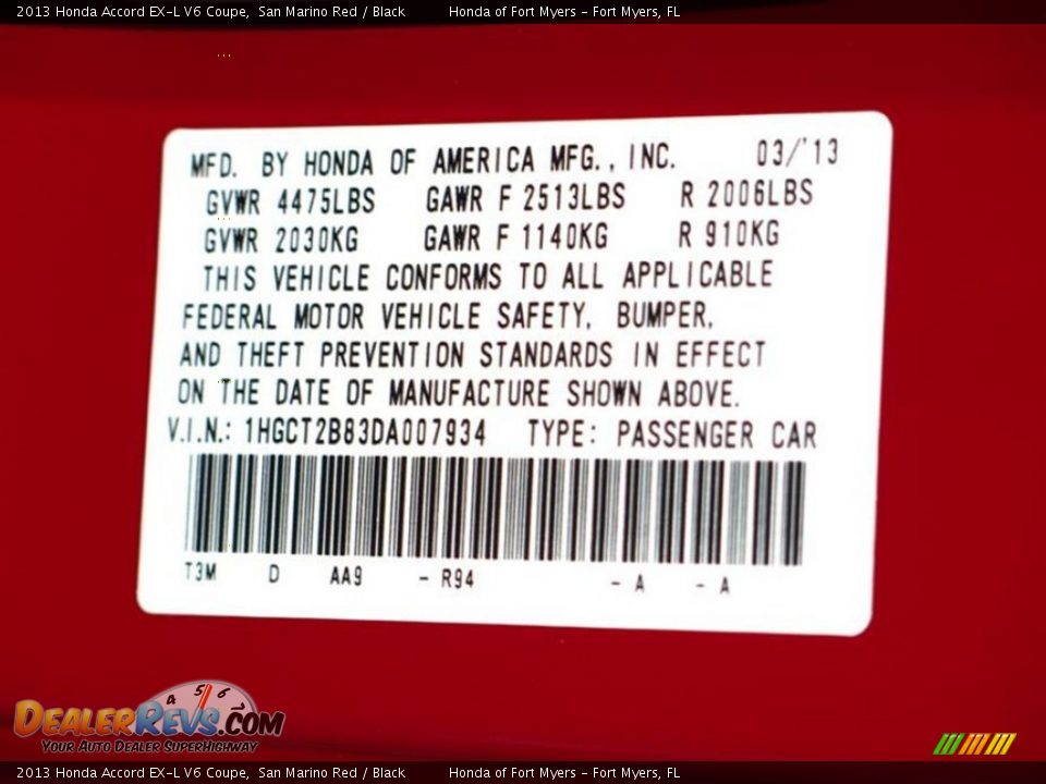 2013 Honda Accord EX-L V6 Coupe San Marino Red / Black Photo #10