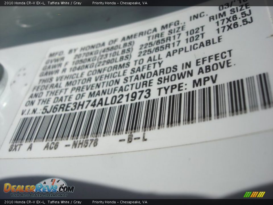 2010 Honda CR-V EX-L Taffeta White / Gray Photo #32