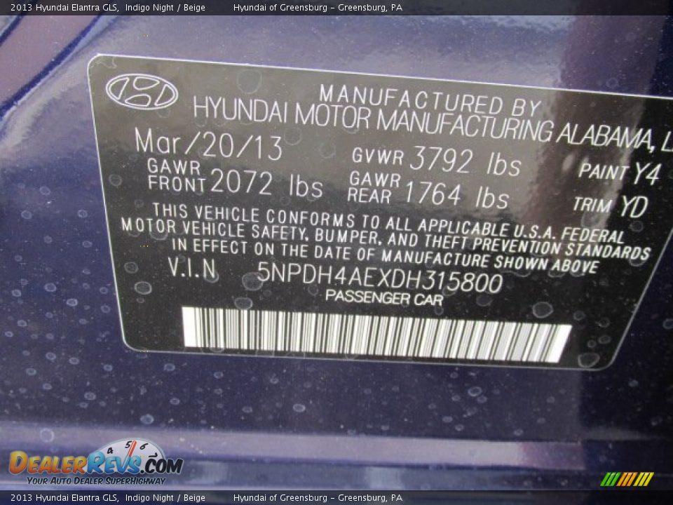 2013 Hyundai Elantra GLS Indigo Night / Beige Photo #10