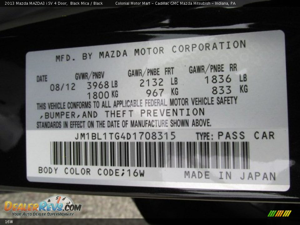 Mazda Color Code 16W Black Mica