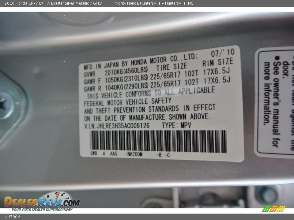 Honda Color Code NH700M Alabaster Silver Metallic