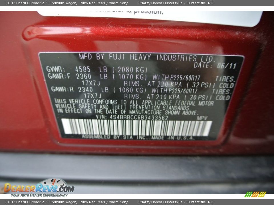 2011 Subaru Outback 2.5i Premium Wagon Ruby Red Pearl / Warm Ivory Photo #8