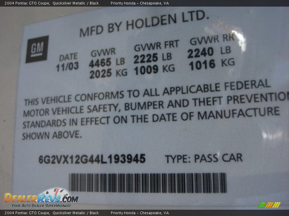 Info Tag of 2004 Pontiac GTO Coupe Photo #26