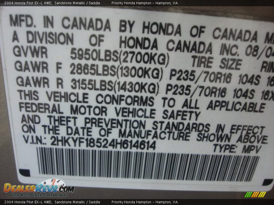 2004 Honda Pilot EX-L 4WD Sandstone Metallic / Saddle Photo #26