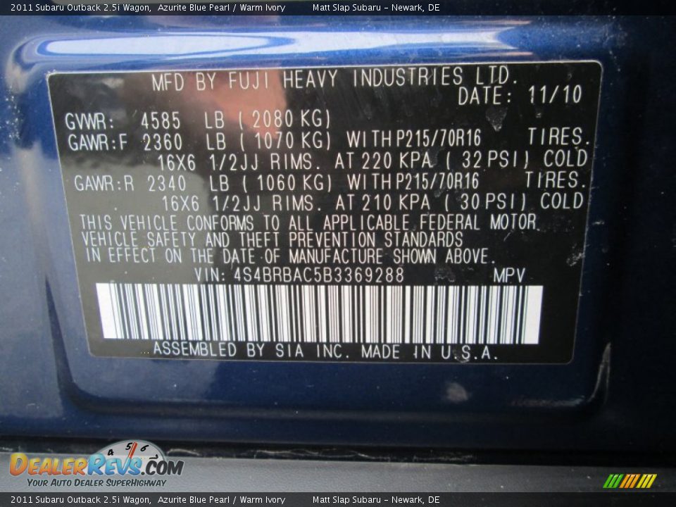 2011 Subaru Outback 2.5i Wagon Azurite Blue Pearl / Warm Ivory Photo #27