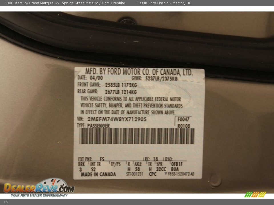 Mercury Color Code FS Spruce Green Metallic