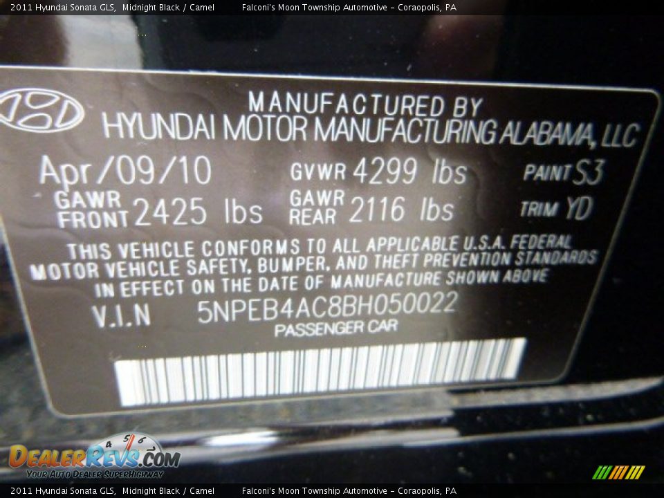 2011 Hyundai Sonata GLS Midnight Black / Camel Photo #24