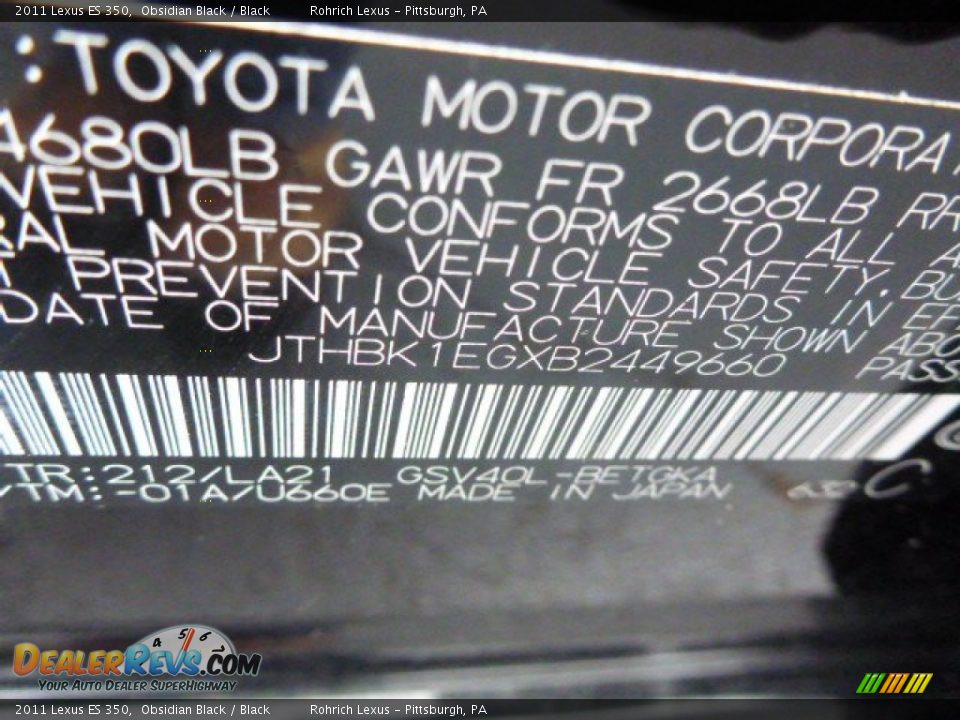 2011 Lexus ES 350 Obsidian Black / Black Photo #20