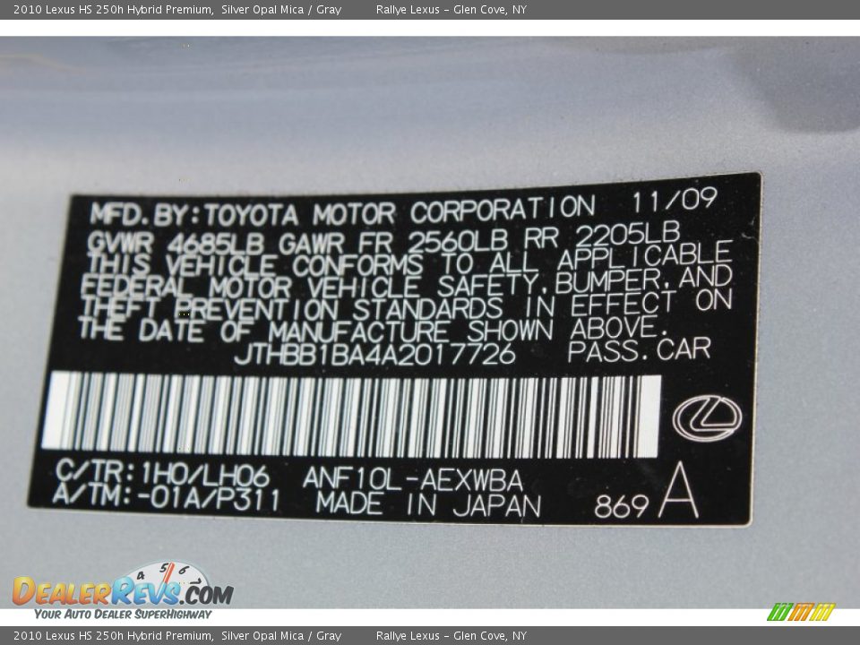 2010 Lexus HS 250h Hybrid Premium Silver Opal Mica / Gray Photo #20