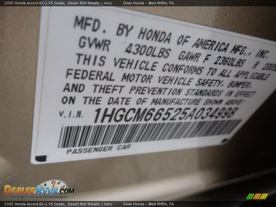 2005 Honda Accord EX-L V6 Sedan Desert Mist Metallic / Ivory Photo #18