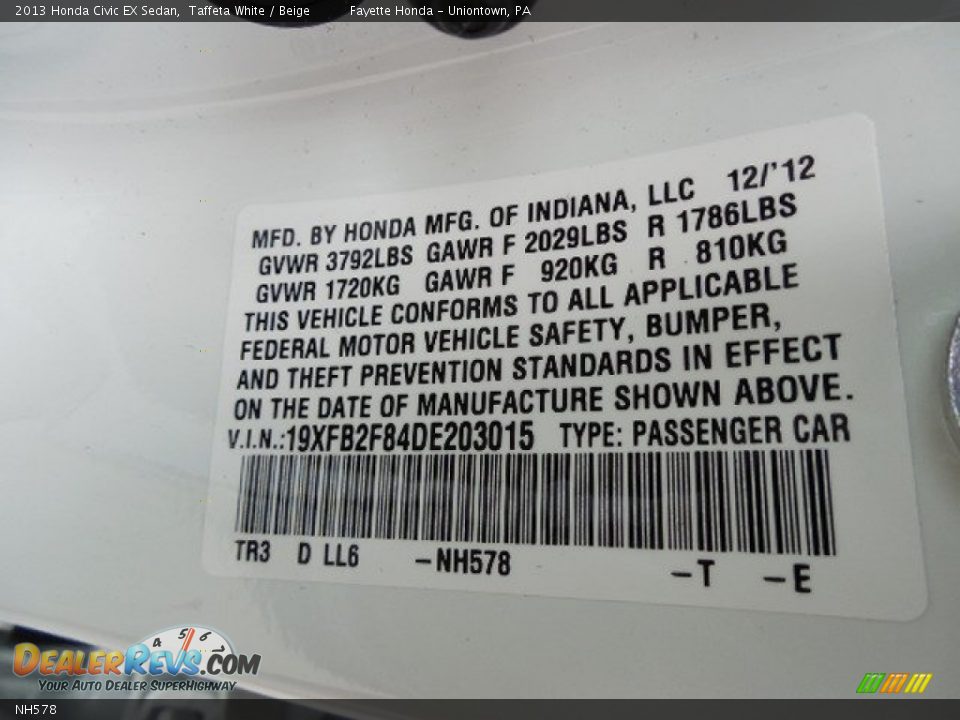 Honda Color Code NH578 Taffeta White