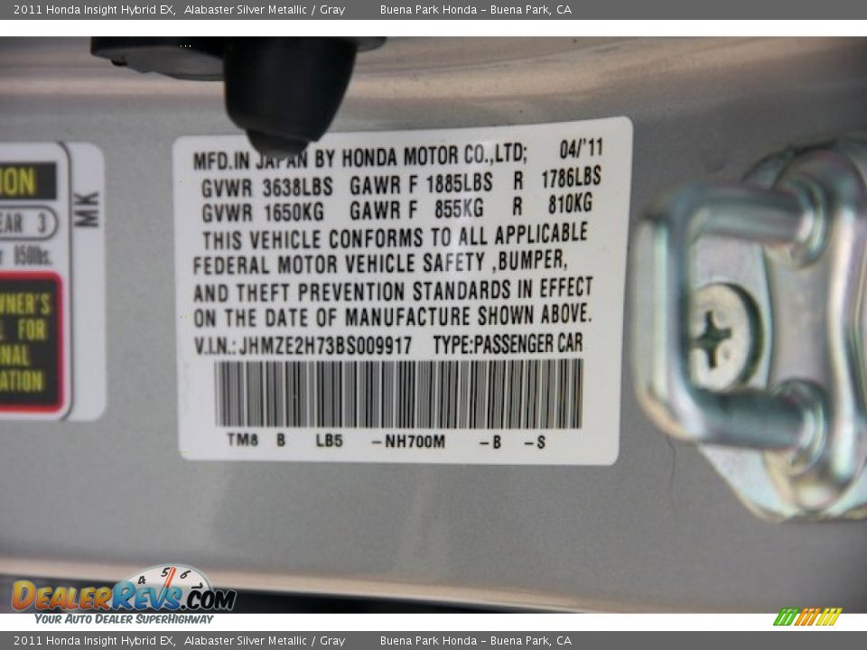 2011 Honda Insight Hybrid EX Alabaster Silver Metallic / Gray Photo #34