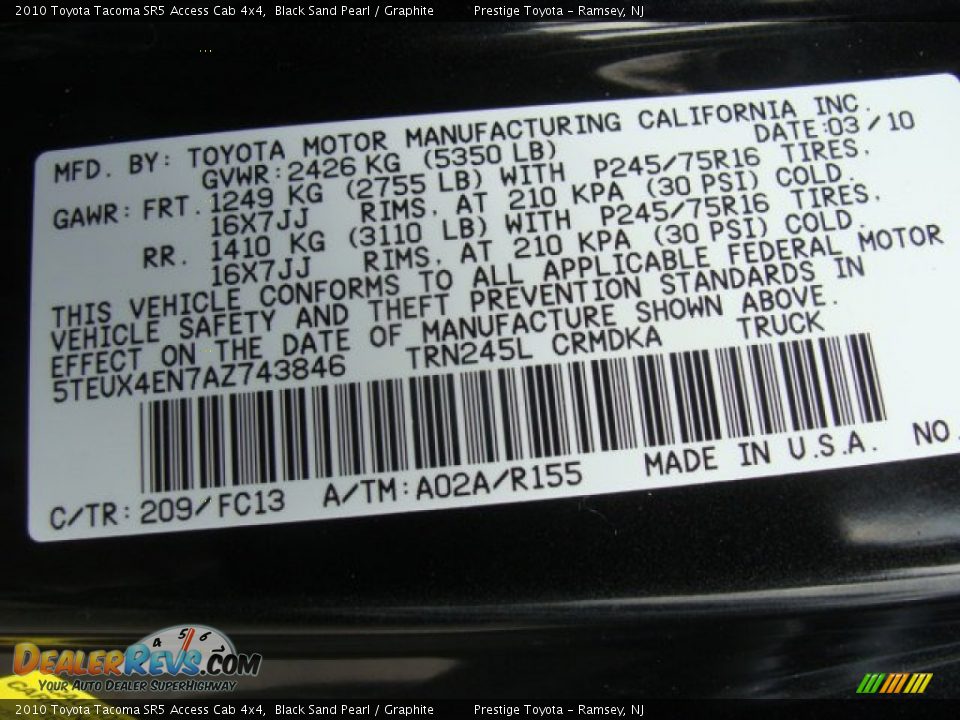 2010 Toyota Tacoma SR5 Access Cab 4x4 Black Sand Pearl / Graphite Photo #15