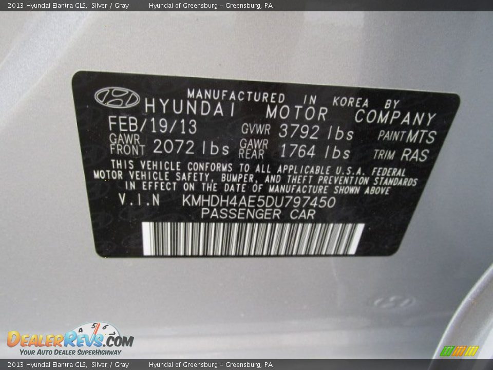 2013 Hyundai Elantra GLS Silver / Gray Photo #10