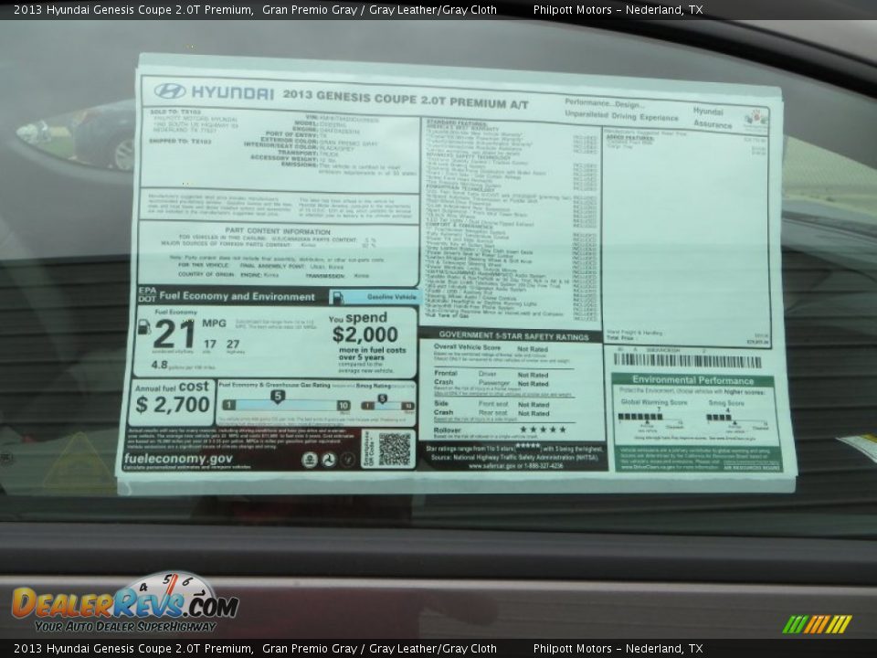 2013 Hyundai Genesis Coupe 2.0T Premium Gran Premio Gray / Gray Leather/Gray Cloth Photo #35