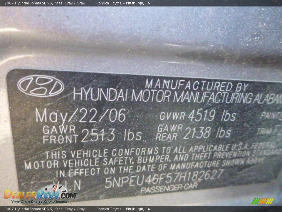 2007 Hyundai Sonata SE V6 Steel Gray / Gray Photo #20