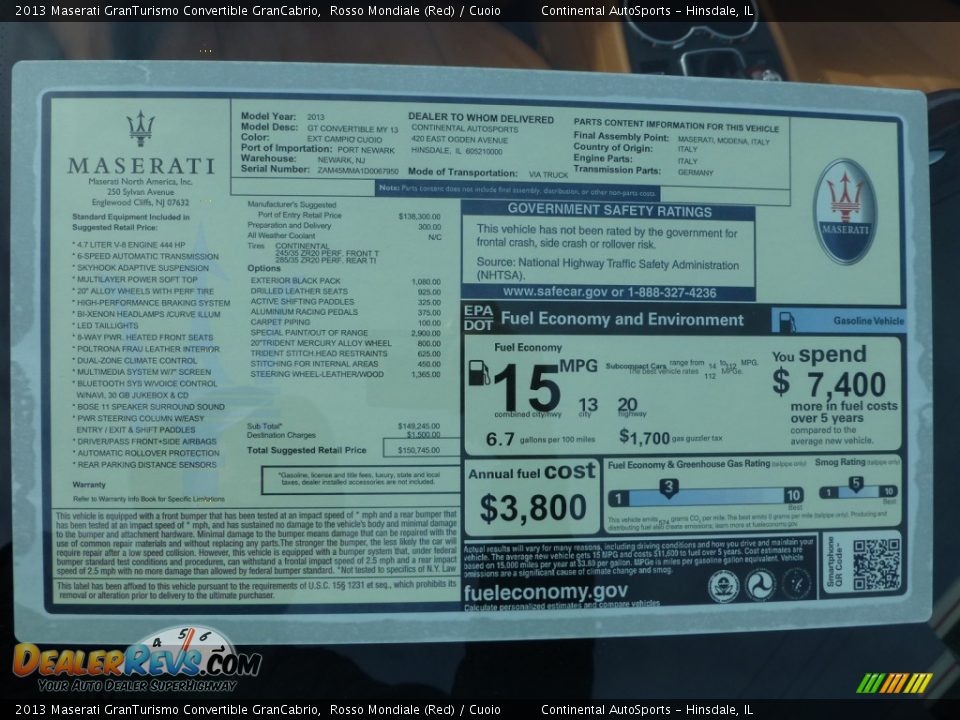 2013 Maserati GranTurismo Convertible GranCabrio Window Sticker Photo #35