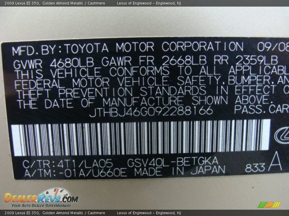 2009 Lexus ES 350 Golden Almond Metallic / Cashmere Photo #15