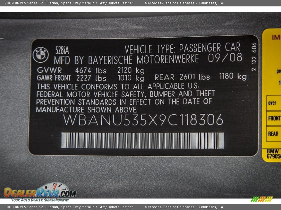 Info Tag of 2009 BMW 5 Series 528i Sedan Photo #20