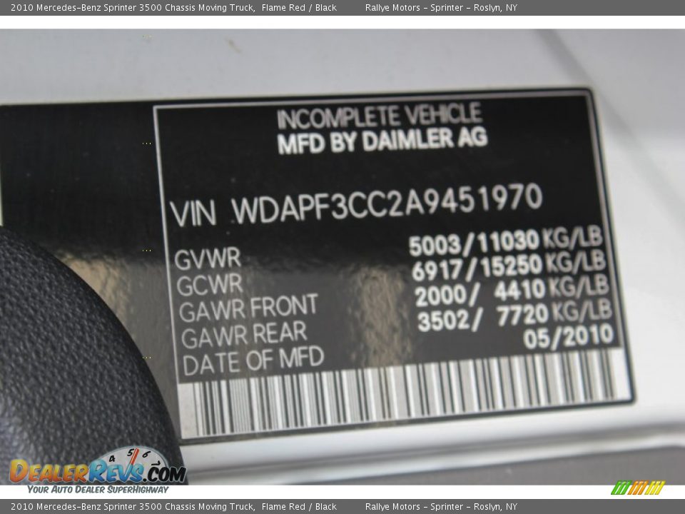 2010 Mercedes-Benz Sprinter 3500 Chassis Moving Truck Flame Red / Black Photo #17