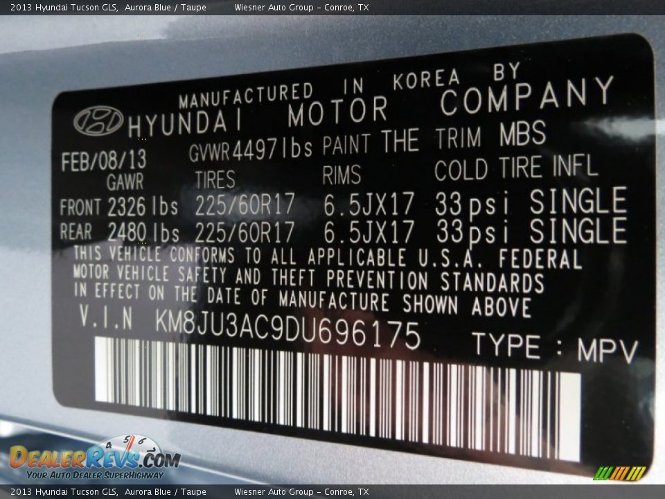 2013 Hyundai Tucson GLS Aurora Blue / Taupe Photo #6