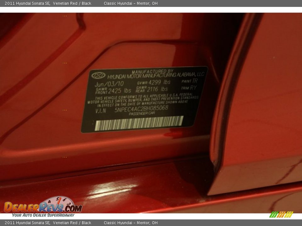 2011 Hyundai Sonata SE Venetian Red / Black Photo #16
