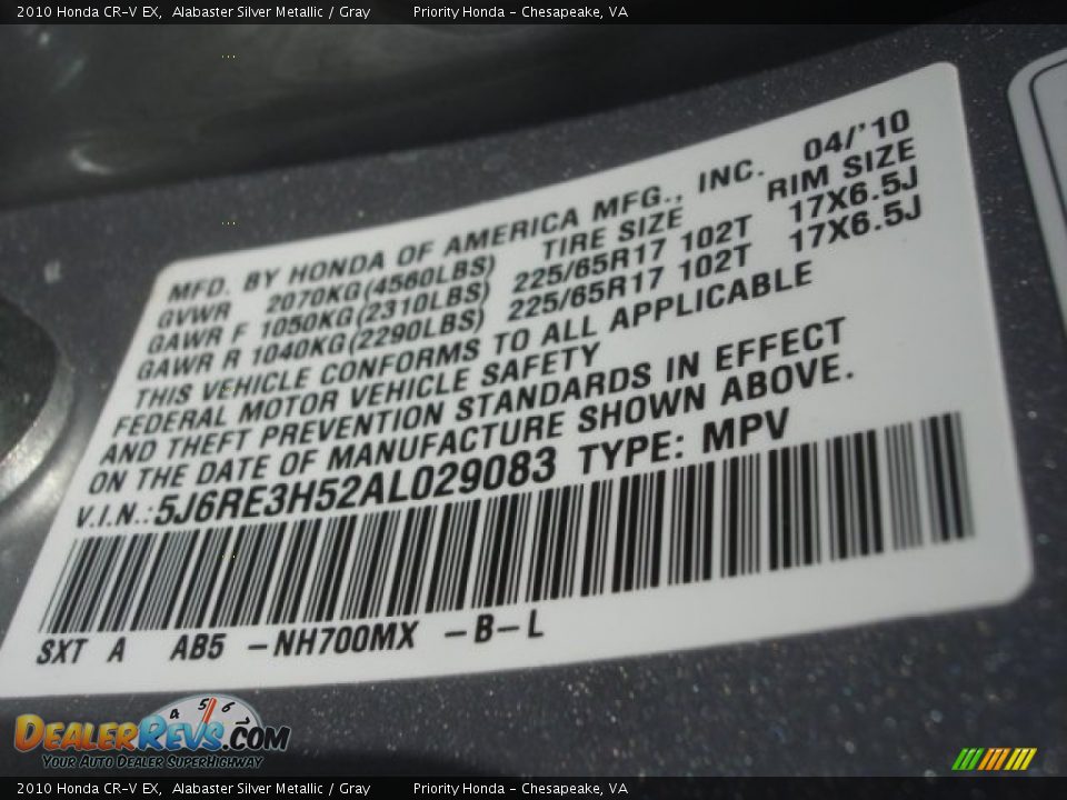 2010 Honda CR-V EX Alabaster Silver Metallic / Gray Photo #25