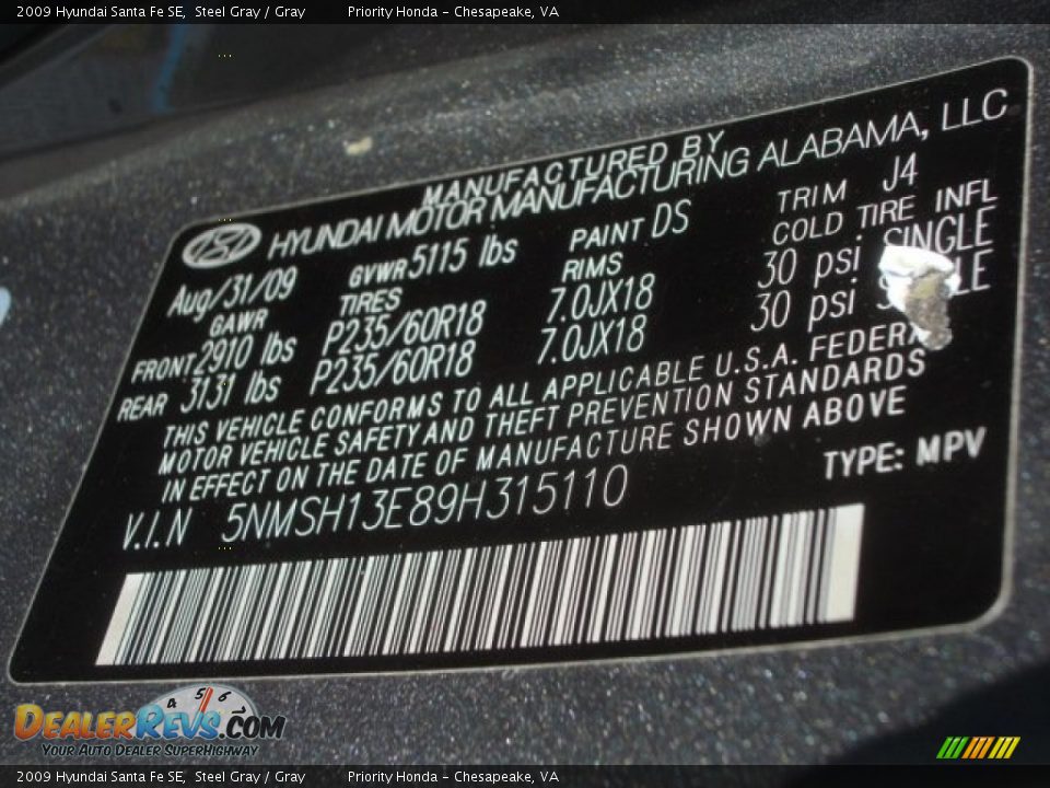 2009 Hyundai Santa Fe SE Steel Gray / Gray Photo #28