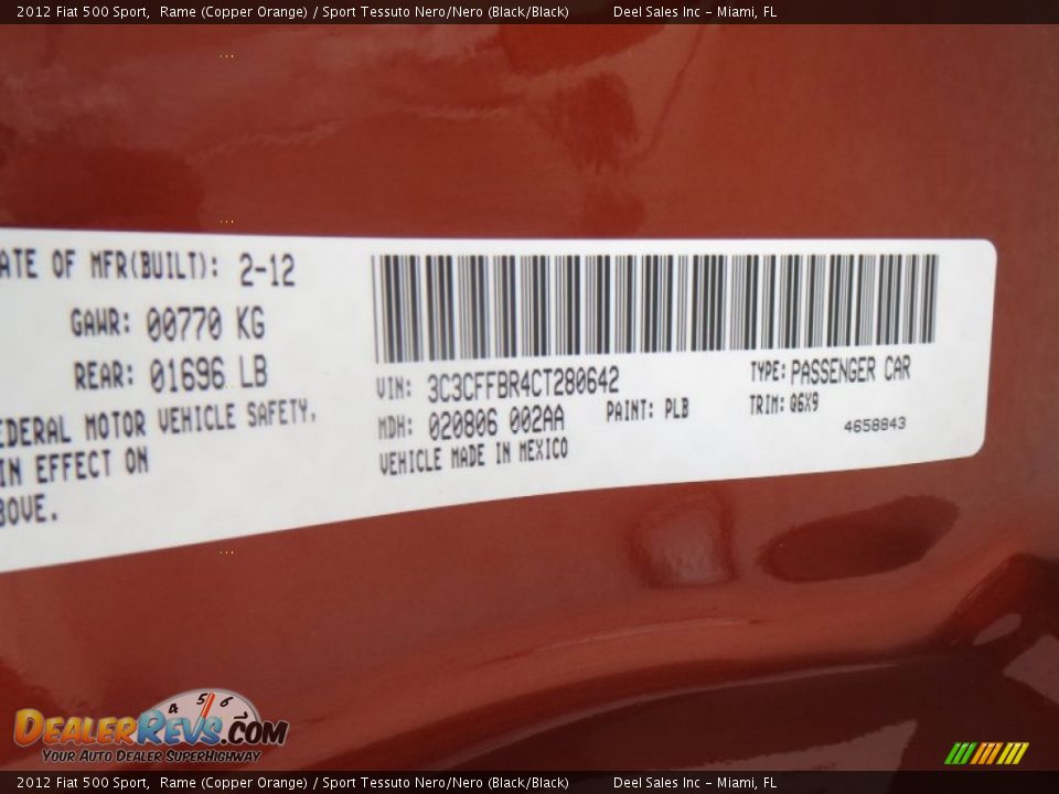 2012 Fiat 500 Sport Rame (Copper Orange) / Sport Tessuto Nero/Nero (Black/Black) Photo #14
