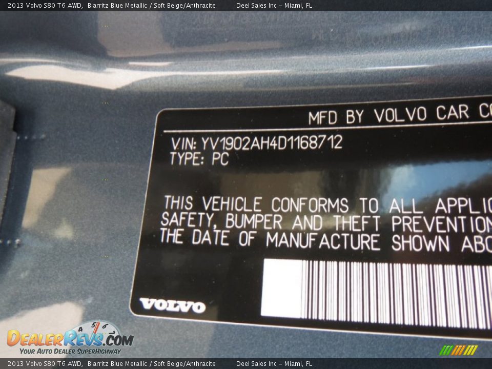 2013 Volvo S80 T6 AWD Biarritz Blue Metallic / Soft Beige/Anthracite Photo #14