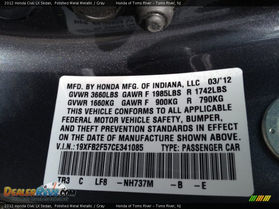 2012 Honda Civic LX Sedan Polished Metal Metallic / Gray Photo #12