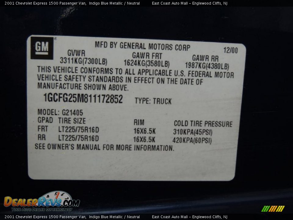 2001 Chevrolet Express 1500 Passenger Van Indigo Blue Metallic / Neutral Photo #16