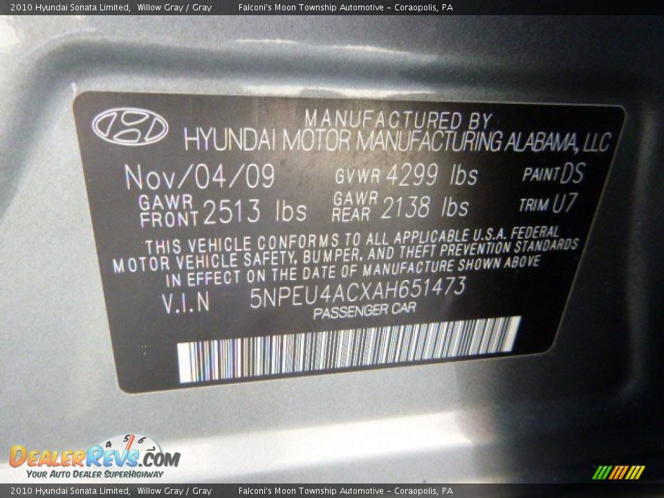 2010 Hyundai Sonata Limited Willow Gray / Gray Photo #24