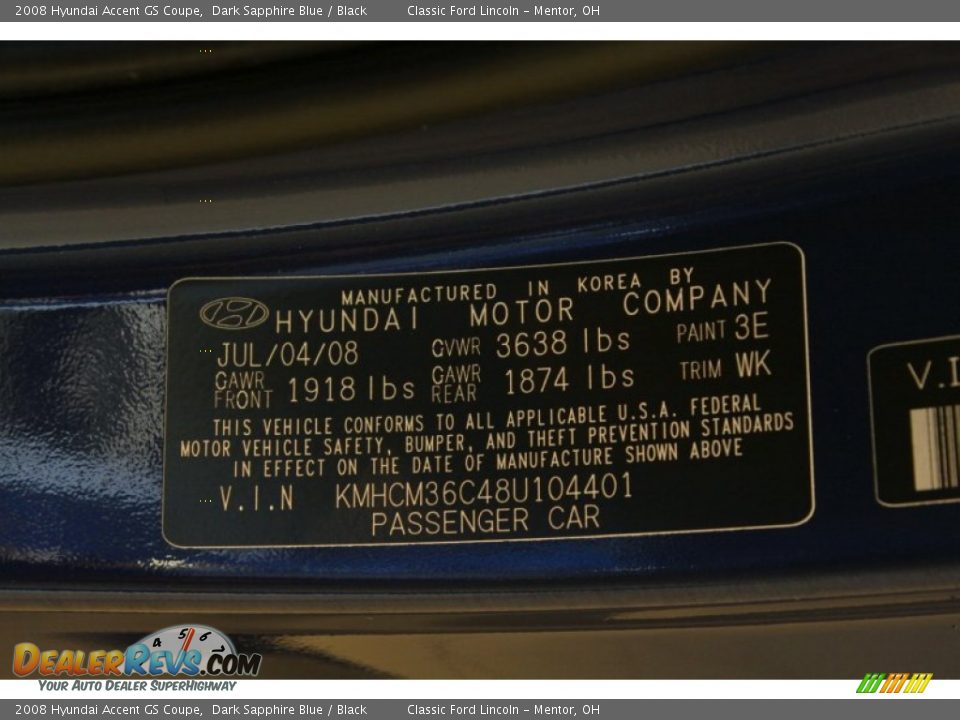 2008 Hyundai Accent GS Coupe Dark Sapphire Blue / Black Photo #15