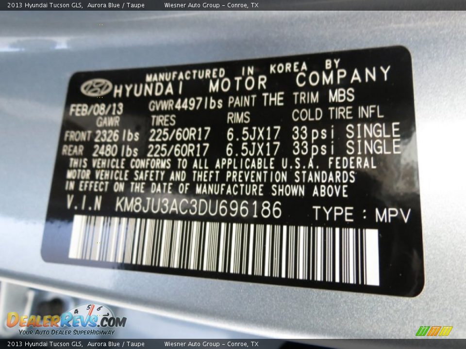 2013 Hyundai Tucson GLS Aurora Blue / Taupe Photo #6