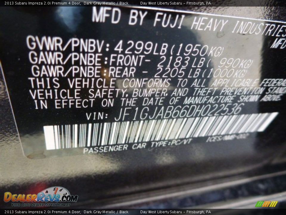 2013 Subaru Impreza 2.0i Premium 4 Door Dark Gray Metallic / Black Photo #18