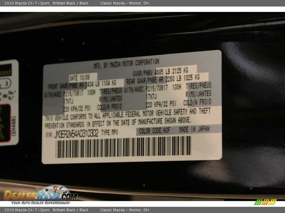 2010 Mazda CX-7 i Sport Brilliant Black / Black Photo #19