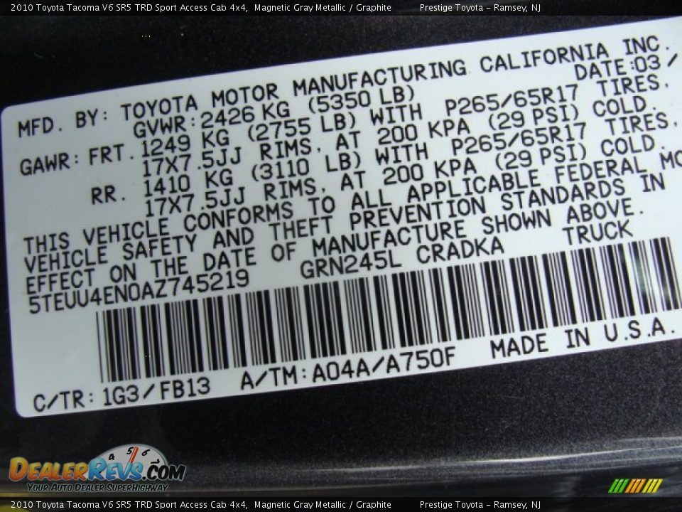 2010 Toyota Tacoma V6 SR5 TRD Sport Access Cab 4x4 Magnetic Gray Metallic / Graphite Photo #15