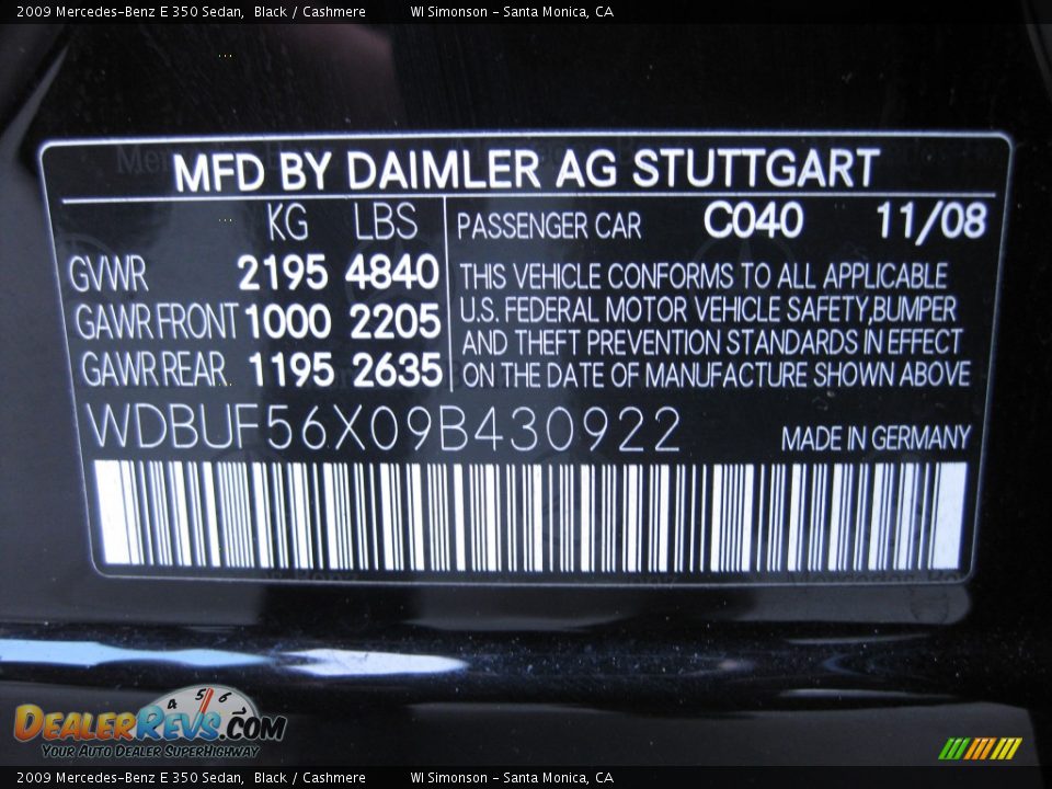 2009 Mercedes-Benz E 350 Sedan Black / Cashmere Photo #25