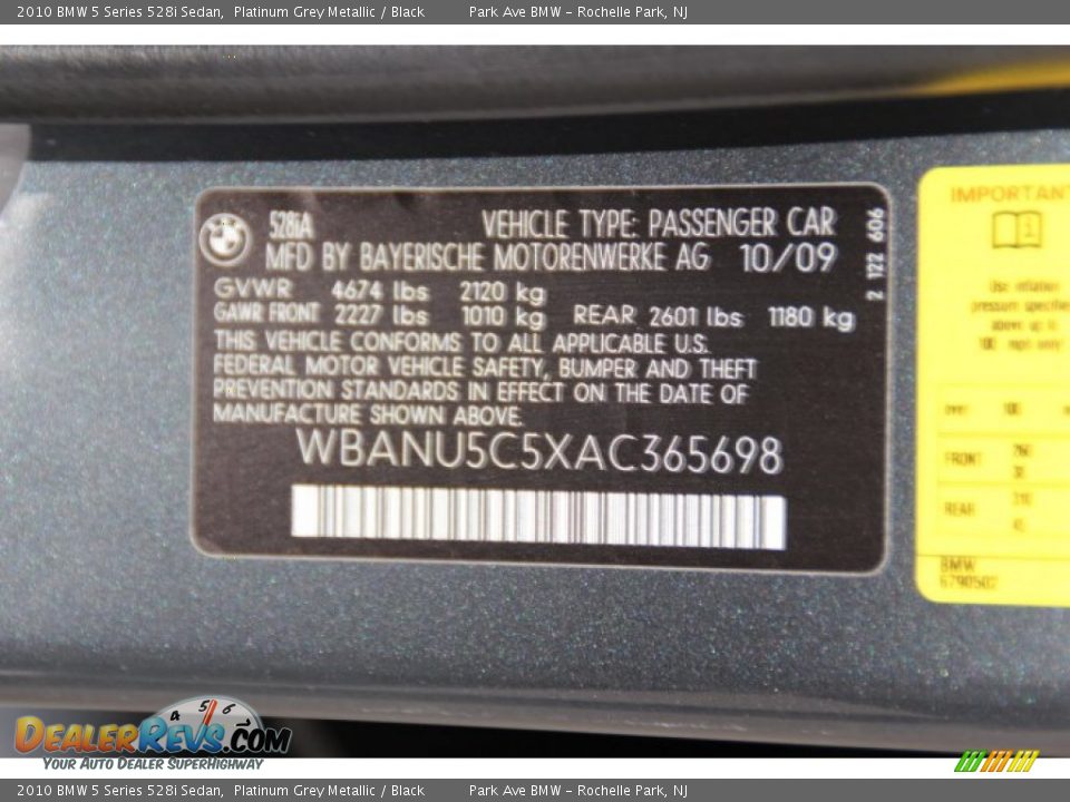 2010 BMW 5 Series 528i Sedan Platinum Grey Metallic / Black Photo #33