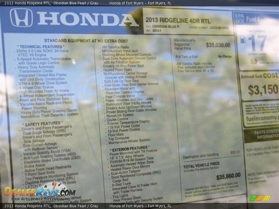 2013 Honda Ridgeline RTL Obsidian Blue Pearl / Gray Photo #10