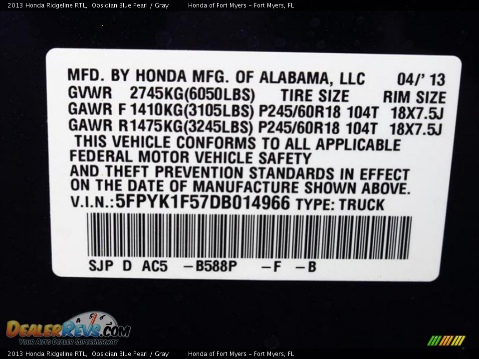 2013 Honda Ridgeline RTL Obsidian Blue Pearl / Gray Photo #11