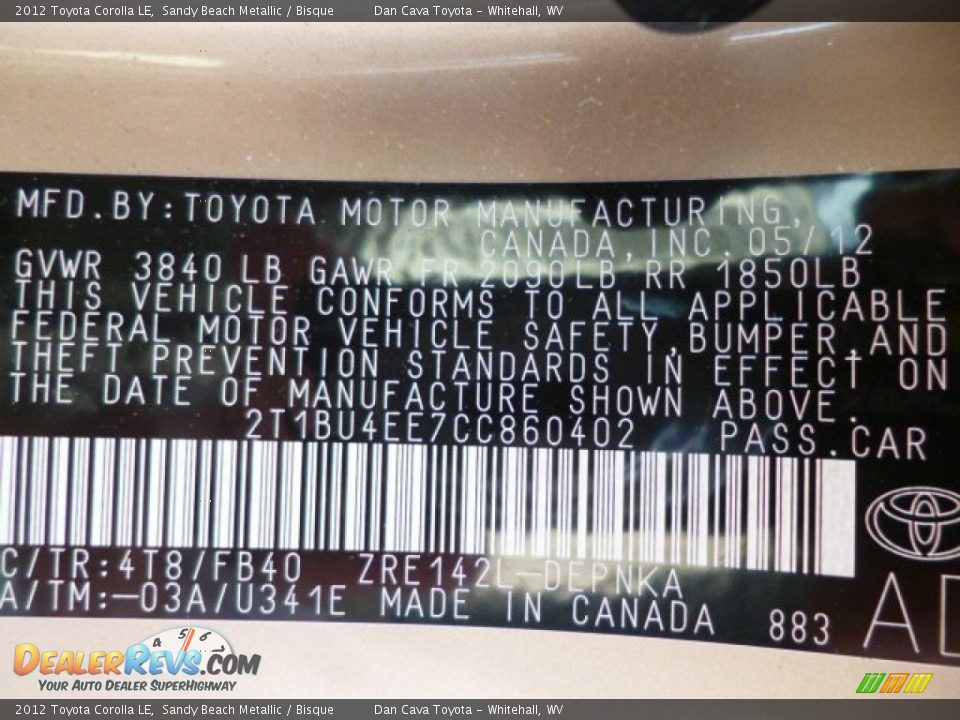 2012 Toyota Corolla LE Sandy Beach Metallic / Bisque Photo #13