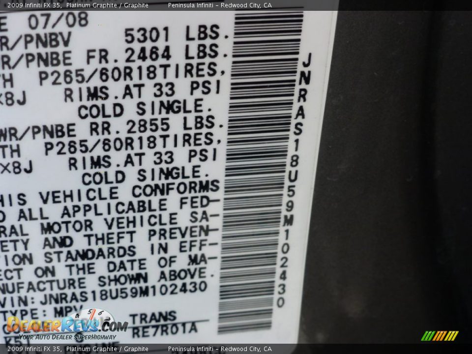 2009 Infiniti FX 35 Platinum Graphite / Graphite Photo #14